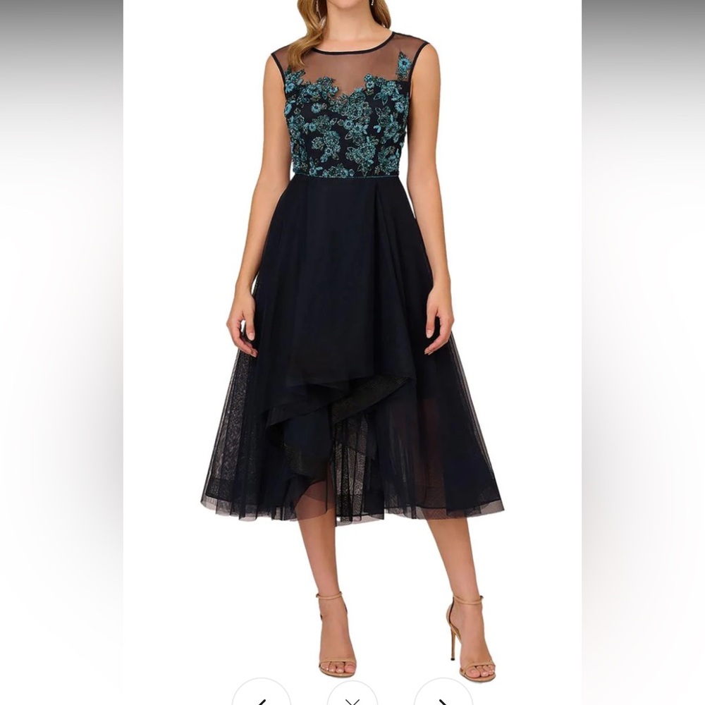 Adrianna Papell Women's Illusion Beaded Boat-Neck Midi Dress NWT